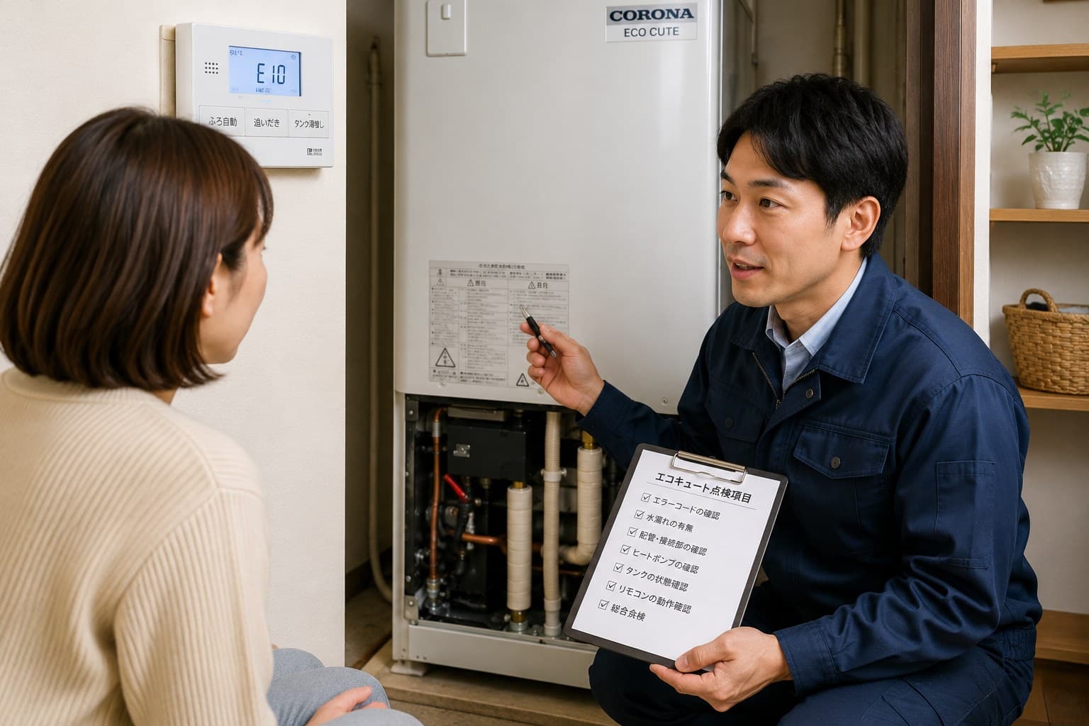 エコキュートの状態を診断しながらお客様へ説明するスタッフ