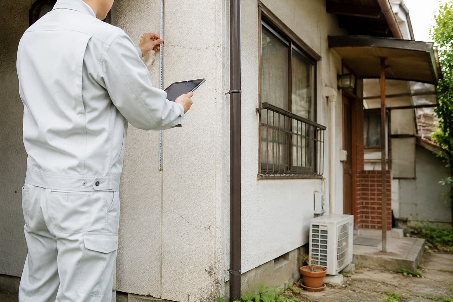 リフォーム前の住宅の現地調査を行うソライフのスタッフ