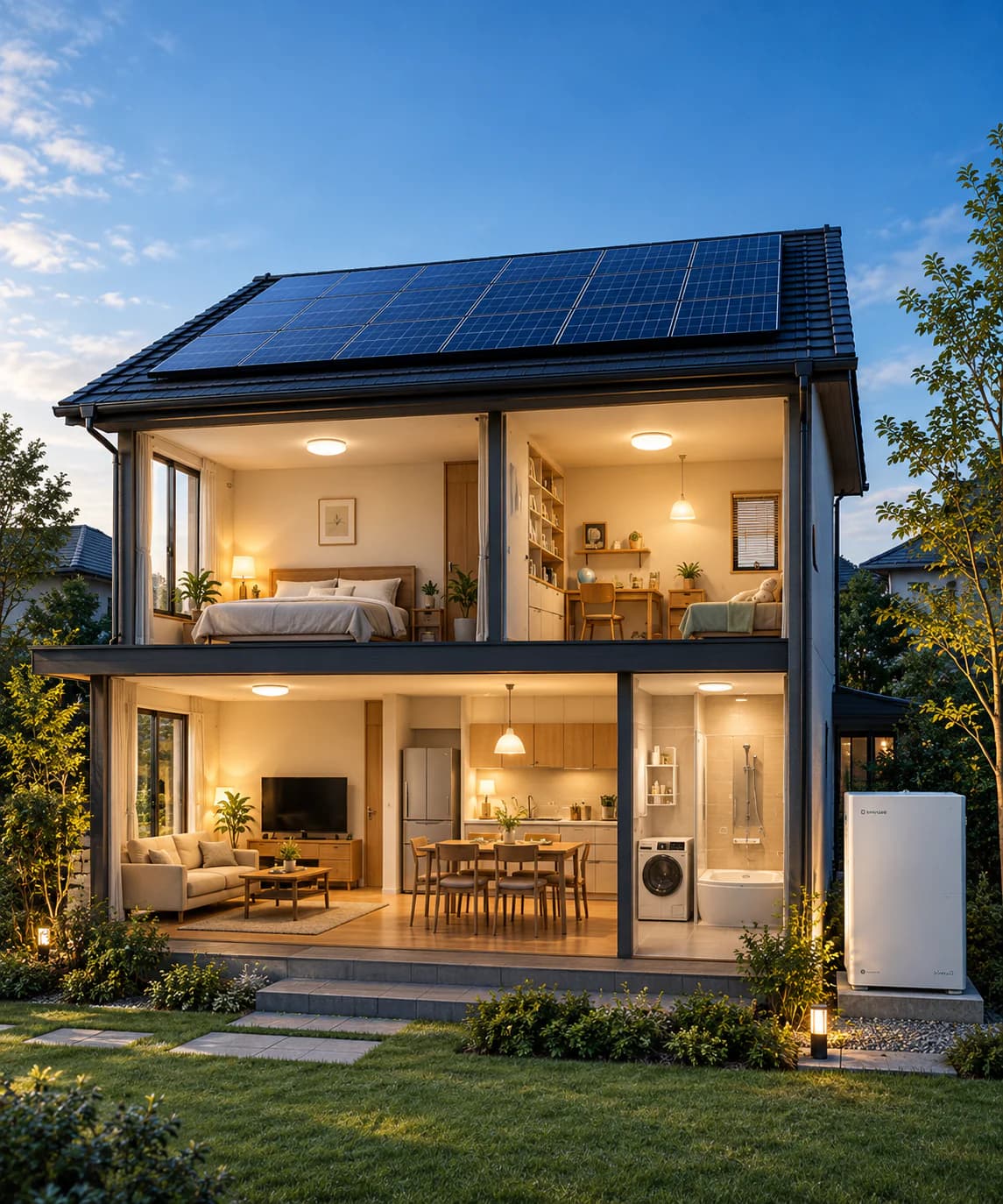 昼の住宅の断面イメージ。屋根に太陽光パネル、外に家庭用蓄電池